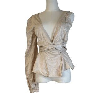 BCBGMAXAZRIA Metallic Wrap Blouse Beige XXS NWT $178